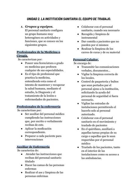 La Institución Sanitaria el Equipo de Trabajo 