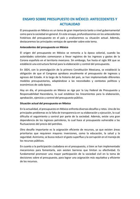 Ensayo sobre presupuesto en México: Antecedentes y Actualidad