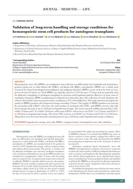 Validation of  long-term handling and storage conditions for hematopoietic stem cell products for autologous transplants