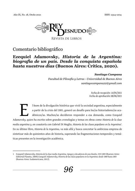 Ezequiel   Adamovsky,  Historia   de   la   Argentina: biografía de un país. Desde la conquista española hasta nuestros días (Buen