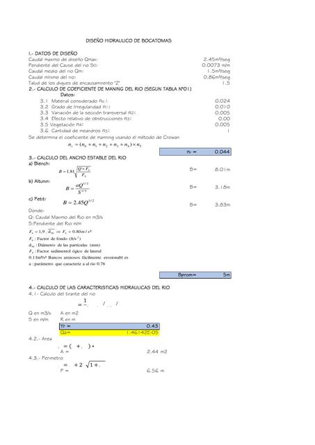 Diseño Hidráulico de Bocatomas 