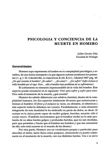 Psicología y Conciencia de la Muerte en Homero 