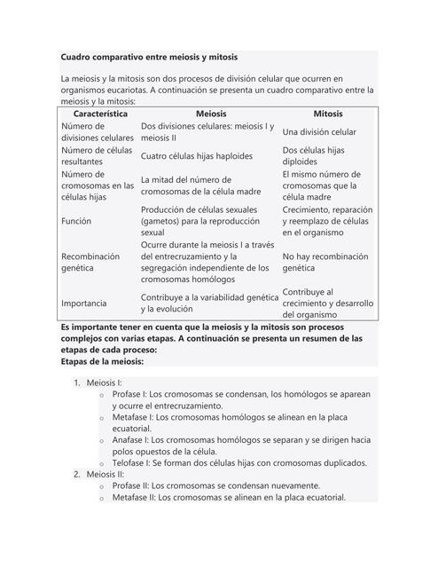 Cuadro Comparativo entre Meiosis y Mitosis 