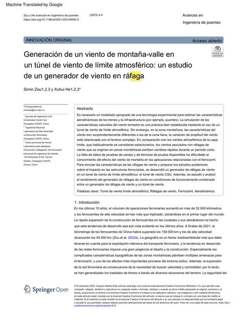 Generación de un viento de montaña valle en un túnel de viento de limite atmosférico: un estudio de un generador de viento en ráfaga 