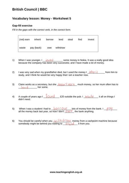 money vocabulary worksheet 5