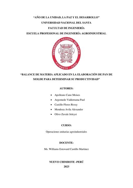 Balance de Materia Aplicado en la Elaboración de Pan de Molde para Determinar su Productividad 