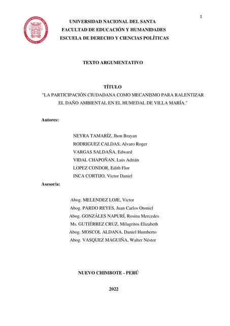 La Participación Ciudadana como Mecanismo para Rentalizar el Daño Ambiental en la Humedal 