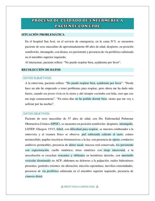 CASO CLÍNICO Proceso de Cuidado de Enfermería a paciente con EPOC