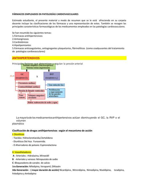 Fármacos Empleados en Patologías Cardiovasculares 
