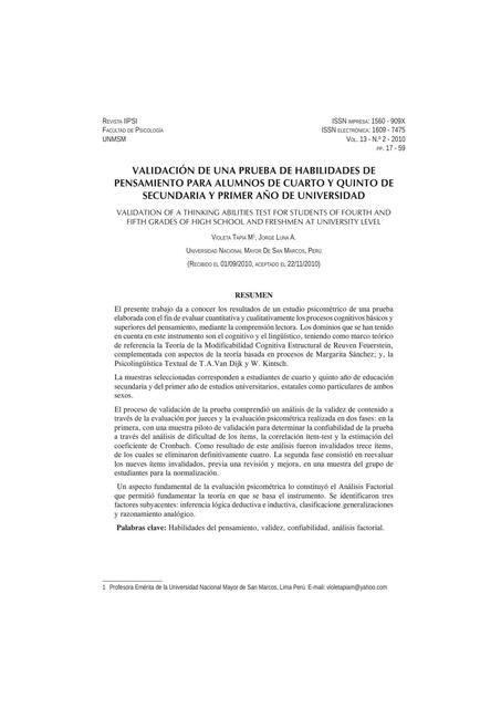 Validación de una prueba de habilidades de pensamiento para alumnos de cuarto y quinto de secundaria y primer año de universidad