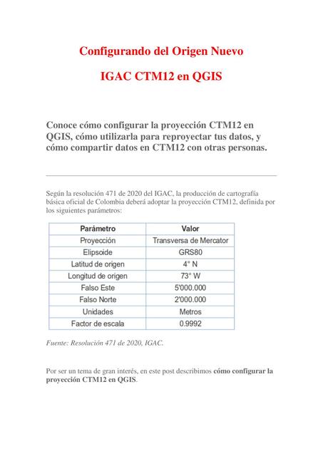 Configurando del Origen Nuevo IGAC CTM12 en QGIS