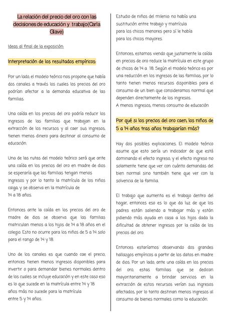 La relación del precio del oro con las decisiones de educación y  trabajo(Carla Glave)