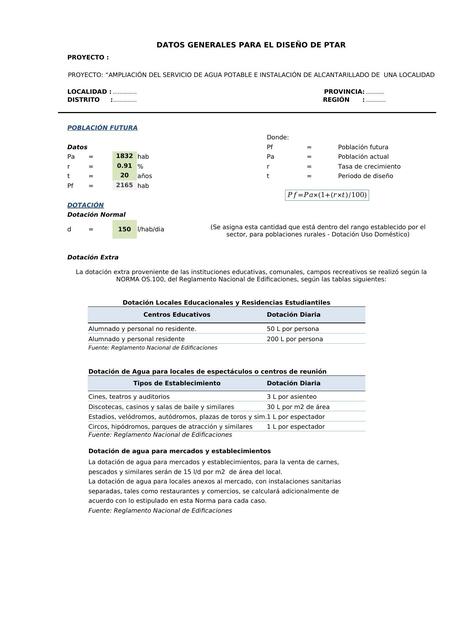 Datos generales para el diseño de PTAR 