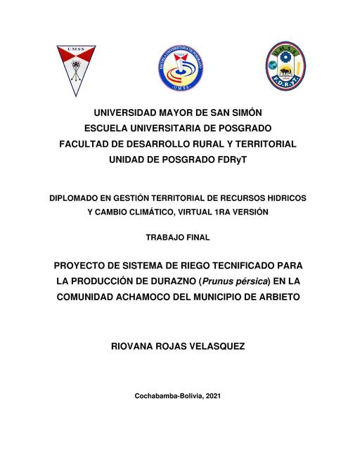 Proyecto de sistema de riego tecnificado para la producción de durazno (prunus pérsica) en la comunidad Achamoco del municipio de Arbieto