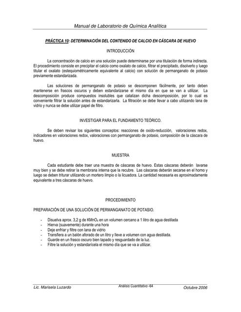 Determinación del Contenido de Calcio en Cáscara de Huevo 