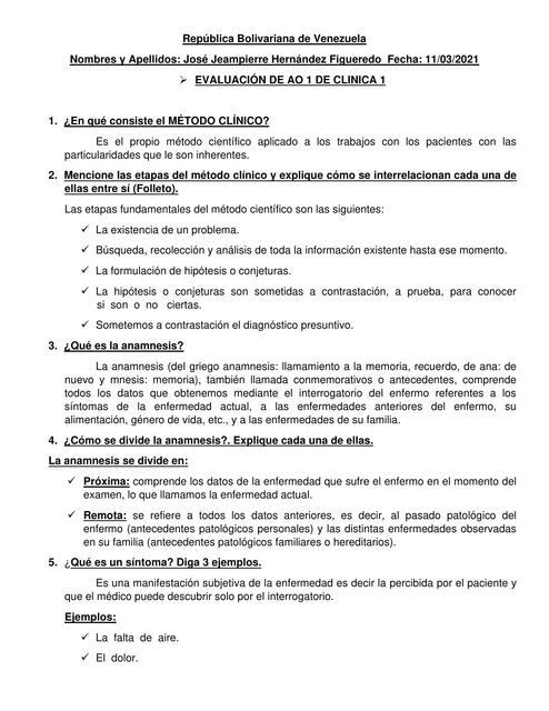 EVALUACION DE AO 1 DE CLINICA 1 JOSE HERNANDEZ | Ernesto Guevara | uDocz