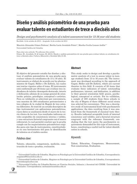 Diseño y análisis psicométrico de una prueba para evaluar talento en estudiantes