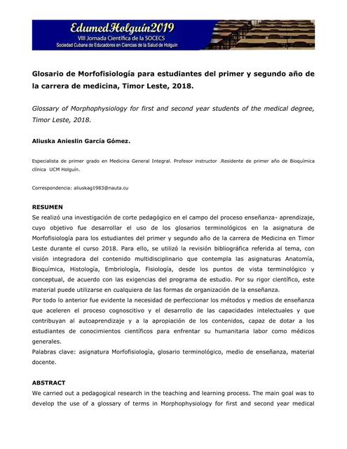   Glosario de Morfofisiología para estudiantes del primer y segundo año de la carrera de medicina