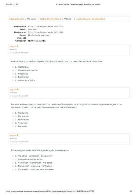 Examen Parcial Anestesiología Revisión del intento