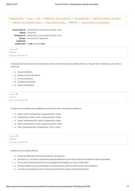 Examen Parcial Anestesiología Revisión del intento