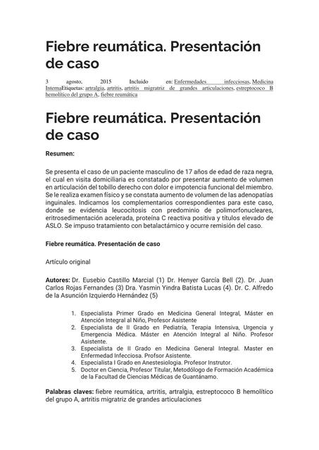 Fiebre reumática. Presentación de caso