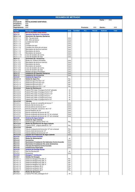 014 PLANILLA DE METRADO ESPECIALIDAD INSTALACIONES SANITARIASII
