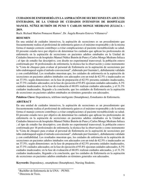 Cuidados de Enfermería en la Aspiración de Secreciones en Adultos Entubados 