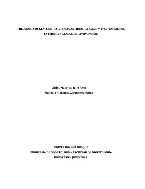 Frecuencia de genes de resistencia antibiotica blatem y bla en bacilos entericos aislados de cavidad oral 