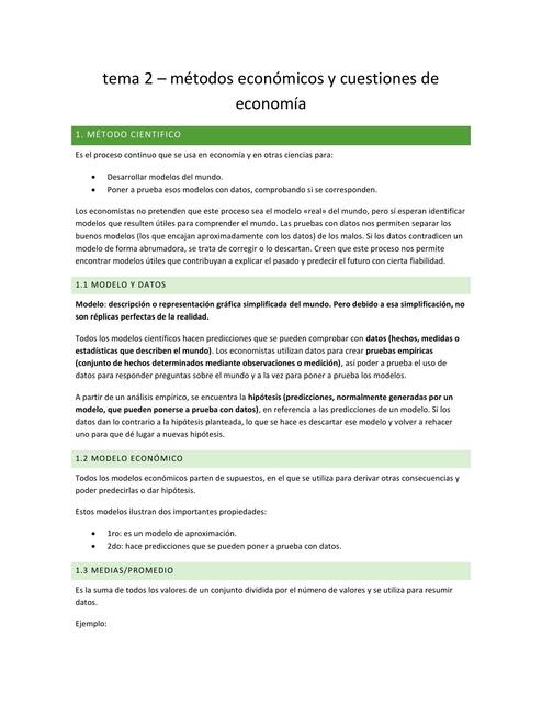 Tema 2 - métodos económicos y cuestiones de economía