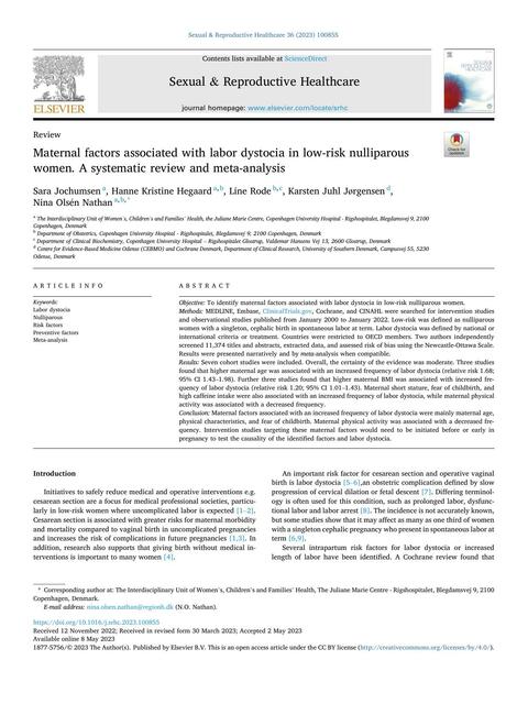 Maternal factors associated with labor dystocia in low-risk nulliparous women. A systematic review and meta-analysis