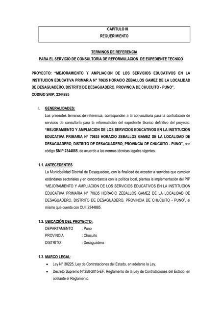 Términos de referencia para el servicio de consultoría de reformulación de expediente técnico