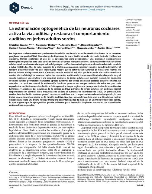 La estimulación optogenética de las neuronas cocleares activa la vía auditiva y restaura el comportamiento auditivo en jerbon adultos sordos