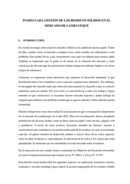 Inadecuada gestión de los residuos sólidos en los mercados