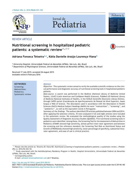 Desnutricion Pediatria Evaluacion Revision Sistema