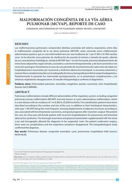 Malformación congénita de la vía aérea pulmonar (MCVAP) reporte de caso  