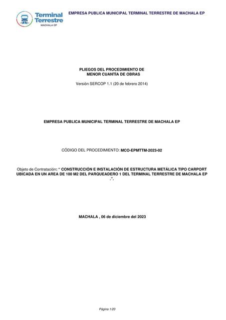 PLIEGOS DEL PROCEDIMIENTO DE   MENOR CUANTÍA DE OBRA