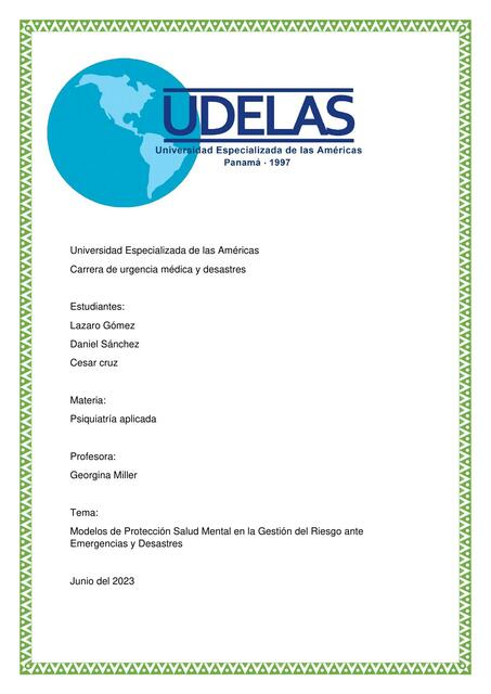 Modelos de Protección Salud Mental en la Gestión del Riesgo ante Emergencias y Desastres