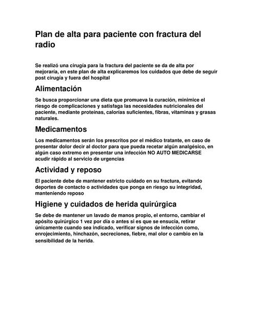 Plan de alta para paciente con fractura del radio, enfermeria