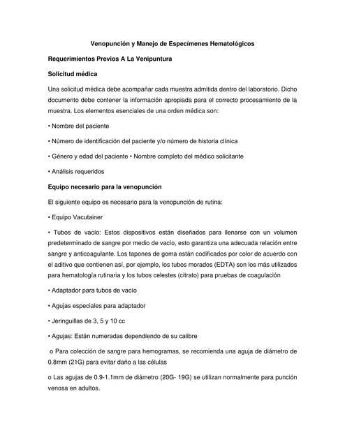 Venopunción y Manejo de Especímenes Hematológicos | Mednotes_Rubi | uDocz