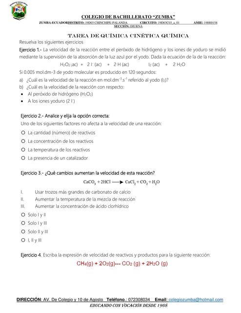 TAREA DE QUÍMICA CINÉTICA QUÍMICA