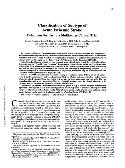 Classification of Subtype of Acute Ischemic Stroke