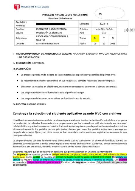 PRUEBA DE NIVEL DE LOGRO NIVEL I (FINAL) - POO - 4TO CICLO - UCV