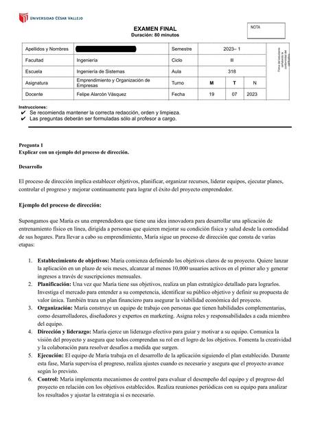 Examen final - Emprendimiento y Organización de Empresas - UCV - 4TO CICLO