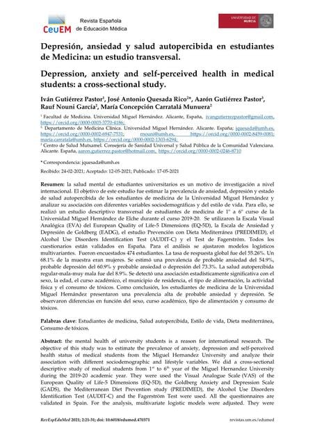 Depresión, ansiedad y salud autopercibida en estudiantes de Medicina ...