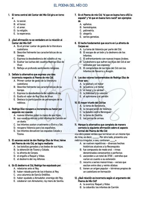 Cantar del Mio Cid Preguntas De Examen