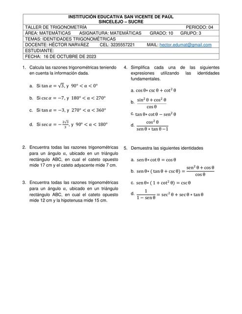 10 Taller 01P4 Matemáticas Trigonometría