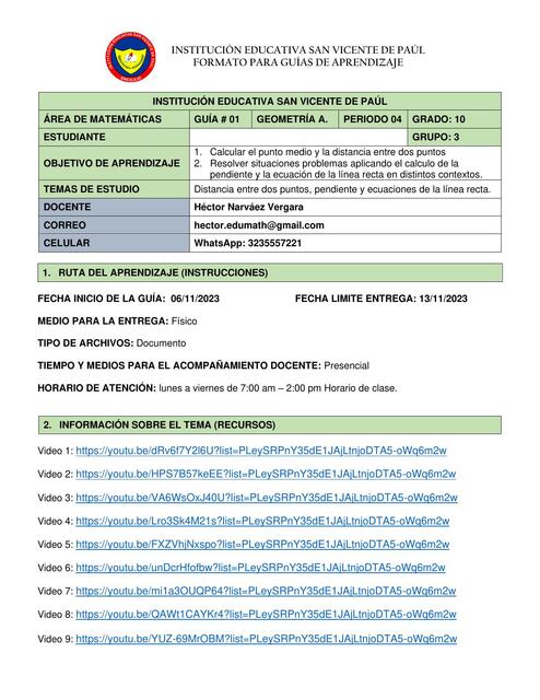 Distancia entre Dos Puntos, Pendiente y Ecuaciones de la Línea Recta