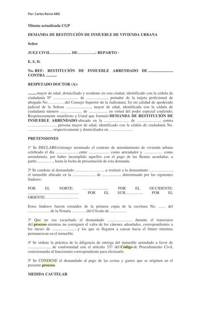 Demanda de restitución de inmueble vivienda urbana | Carlos Reina ...