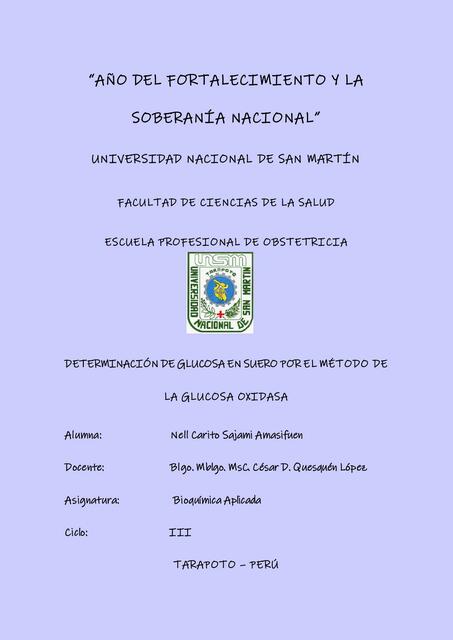 Determinación de Glucosa en Suero por el Método de la Glucosa Oxidasa 