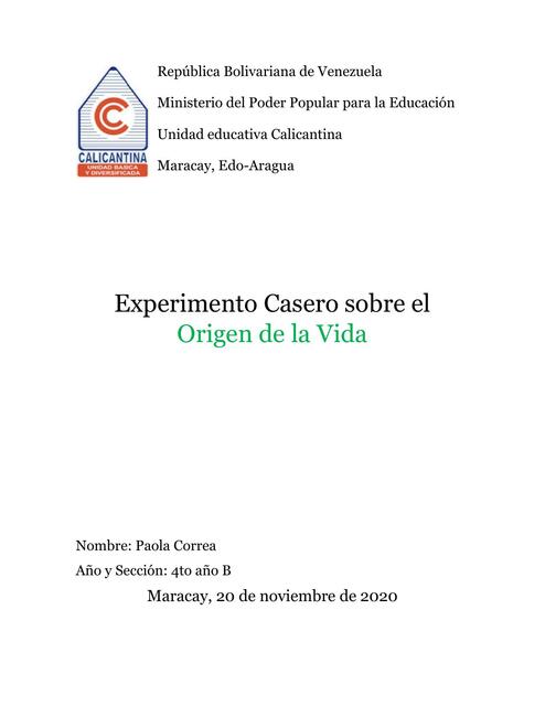 Informe experimento casero sobre el origen de la vida